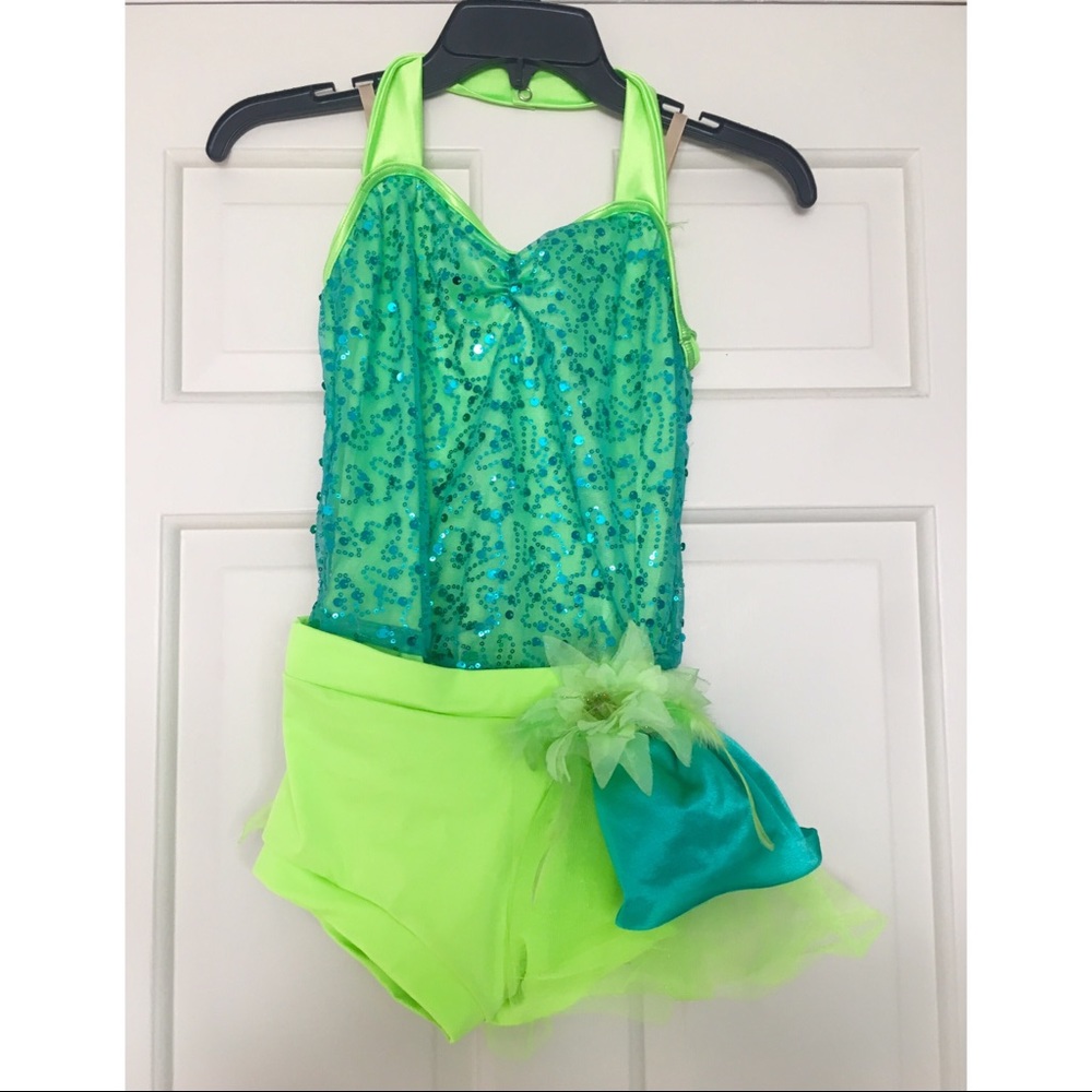 lime green and teal sequined acro costume 💚